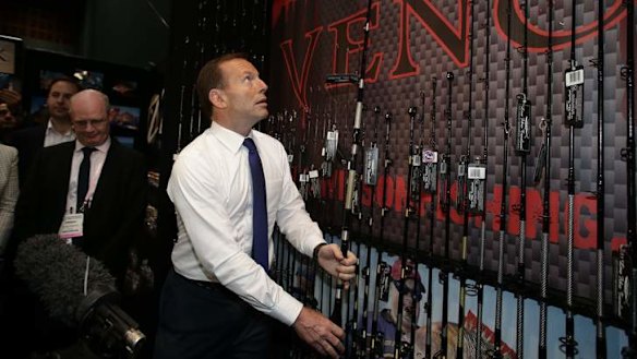 Opposition leader Tony Abbott visits the Australian Fishing Trade Show on the Gold Coast, Queensland, on Monday.