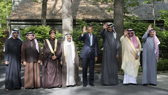 At Camp David, from left: Abu Dhabi Crown Prince Mohammed bin Zayed al-Nahyan, Bahrain Crown Prince Salman bin Hamad al-Khalifa, Oman Deputy Prime Minister Fahd bin Mahmud al-Said, the emir of Kuwait Sheikh Sabah al-Ahmed al-Sabah, Barrack Obama, the emir of Qatar Sheikh Tamim bin Hamad al-Thani, Saudi Crown Prince Mohammed bin Nayef and GCC Secretary General Abdullatif bin Rashid al-Zayani.