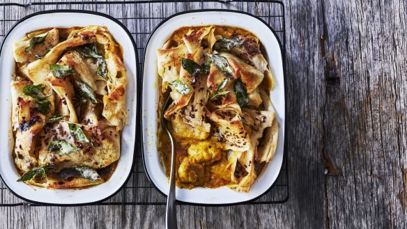 Malaysian-style pumpkin and chicken curry pie with roti. 