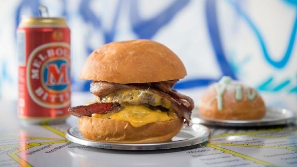 Not a salad leaf in sight: An Easey's burger and blue heaven doughnut.