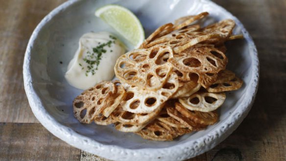 Lotus root chips with lime mayonnaise.