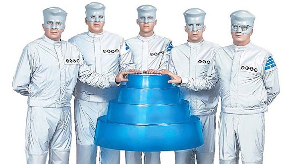 Back to the future … ''We're no longer ahead of our time,'' says Devo's Gerald Casale, far left, with bandmates including Mark Mothersbaugh, far right.