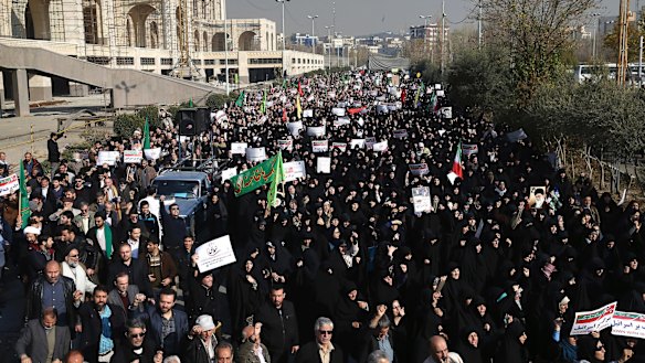 Iranian protesters chant slogans at a rally in Tehran last week.