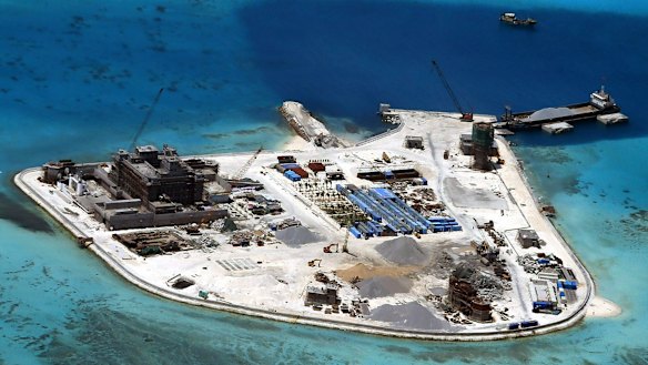 A Chinese base under construction on Mabini (Johnson) Reef, one of the disputed Spratly Islands in the South China Sea.