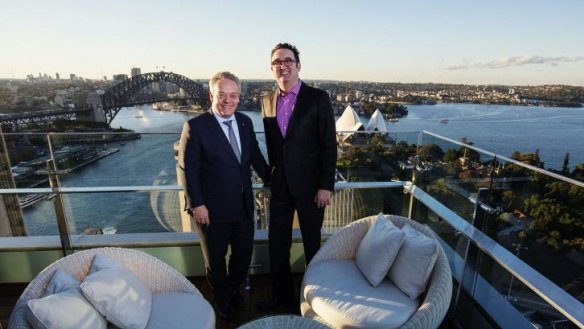 A view too good to be hidden: Martin O'Sullivan and Intercontinental Sydney general manger Jorg T. Bockeler on the rooftop.