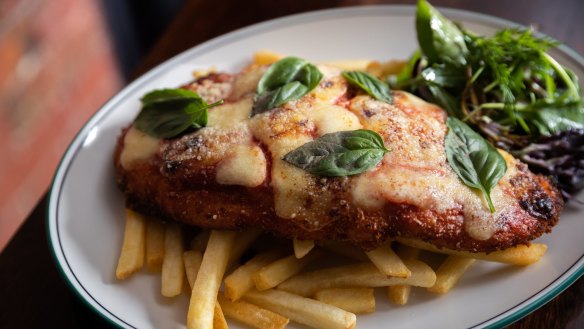 Classic chicken and smoked ham parma at the Sarah Sands, Brunswick.
