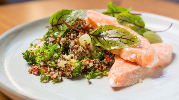 Poached ocean trout with quinoa, kale, goji berry and broccoli salad.