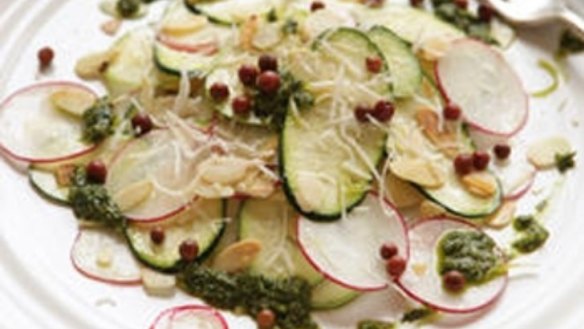 Vegetable carpaccio with salsa verde and almonds