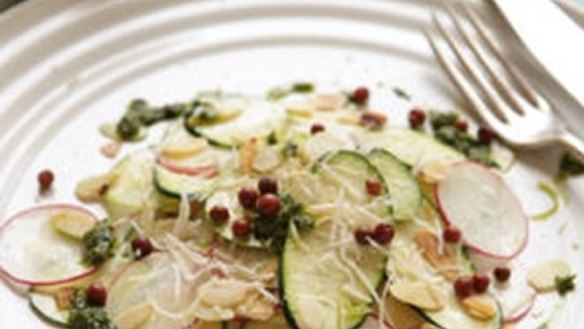 Vegetable carpaccio with salsa verde and almonds