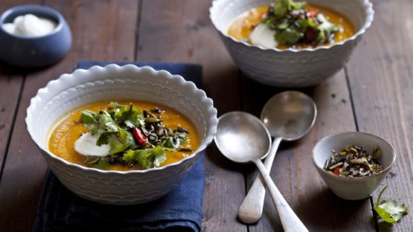 Roasted root vegetable soup with cinnamon and ginger.