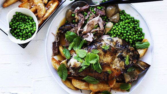 Autumn feast: slow-roasted lamb with tarragon, peas and crispy potatoes