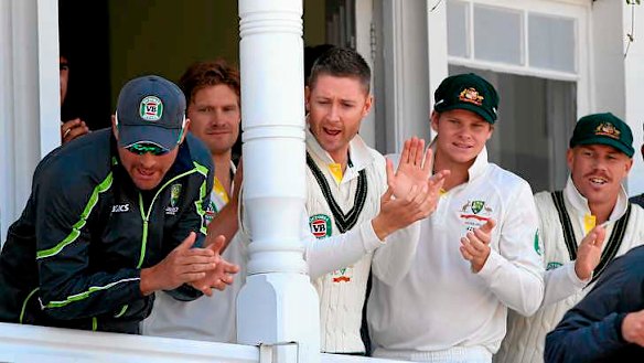 Channelling Bradman: Australia's captain Michael Clarke  stands in the Trent Bridge pavilion with Steven Smith and David Warner.