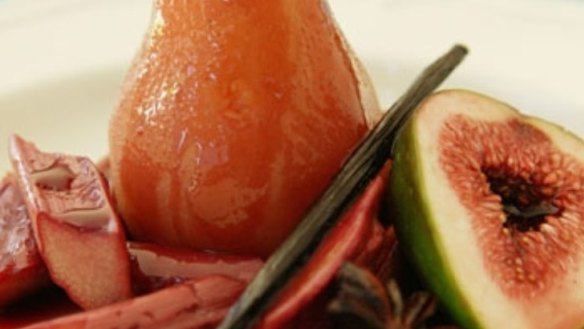 Red wine-poached pears, rhubarb and figs