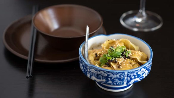 Happy days: Prawn and pork wontons in chilli oil.