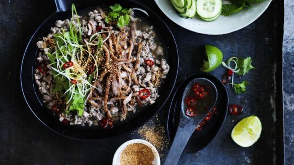 Duck larb with crispy duck skin.