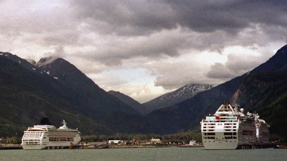 Cruise ships in the glacier-carved harbour in Skagway, Alaska.