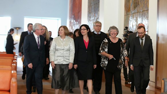 Co-sponsors of the cross-party marriage equality legislation in Canberra on Monday.