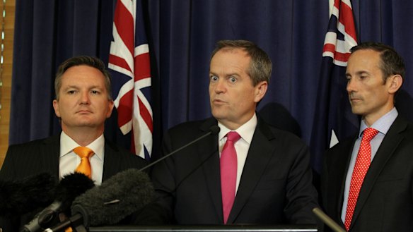 Shadow treasurer Chris Bowen, Opposition Leader Bill Shorten and shadow assistant treasurer Andrew Leigh  in Canberra on Monday.