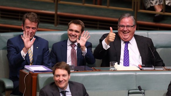 Dan Tehan, Wyatt Roy and Ewen Jones in question time on Monday.