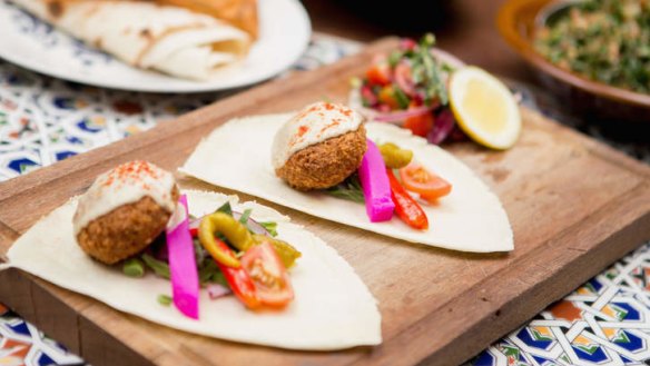 Felafel with pickled turnips, chillies, mint, tahini and saj bread.