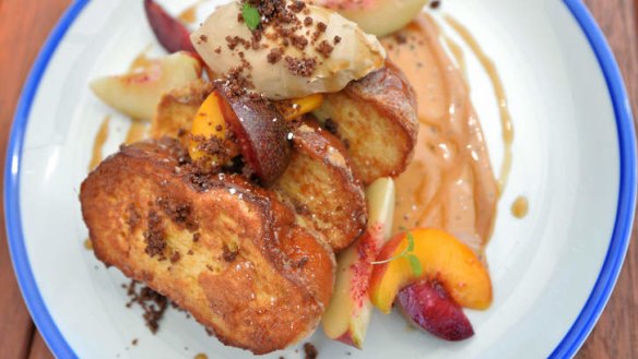 French toast with stone fruit and coffee mascarpone.