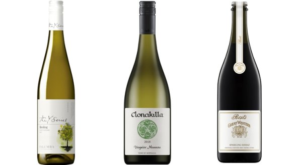 From left: Yalumba The Y Series Riesling 2018; Clonakilla Viognier Nouveau 2018; Best's Great Western Sparkling Shiraz 2015.
