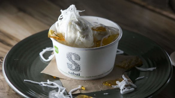 Coconut ice-cream with kaffir-lime toffee.