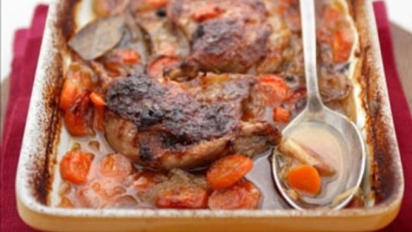 Braised duck legs with carrots and bubble-and-squeak