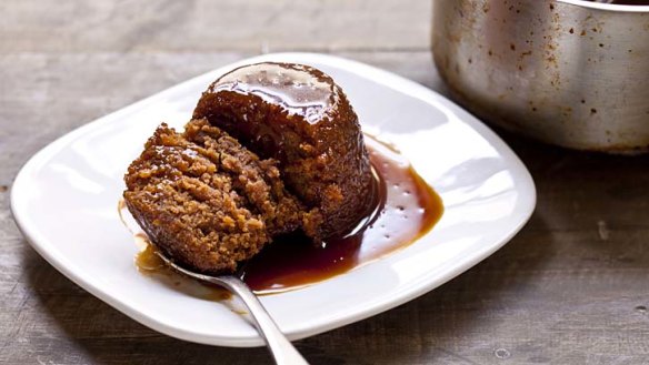 Spiced apple and ginger pudding with butterscotch sauce.