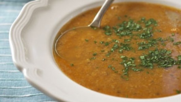 Snapper head fish soup with garlic croutons