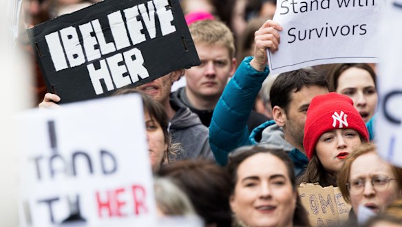 In March, people took part in a protest in Dublin in support of the woman at the centre of a rape trial after two Ireland ruby players were acquitted.