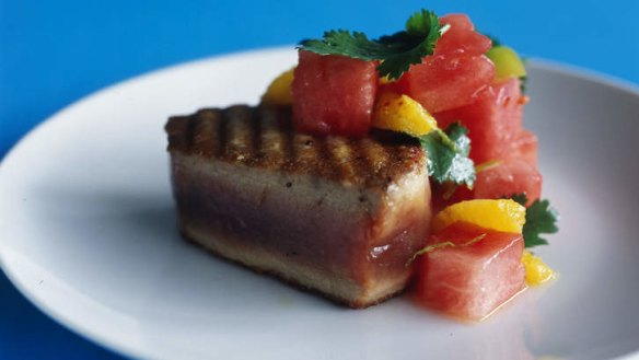 Grilled tuna with watermelon salsa