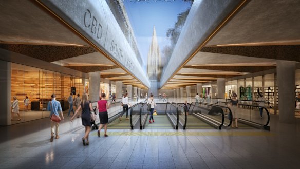 An artists impression of the plan for CBD South, the underground railway station to be built beneath the City Square. 