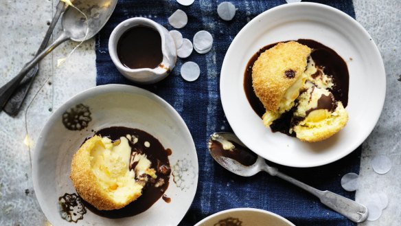 Orange marmalade fried ice-cream with butter chocolate sauce.