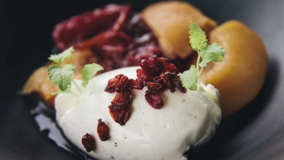 Poached peaches and plums from the orchard, chantilly cream and barberries.