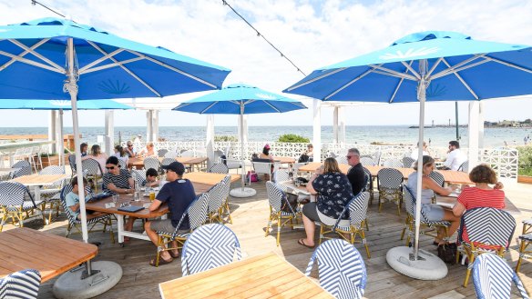 The deck at Sebastian is a great spot to enjoy Williamstown beach. 