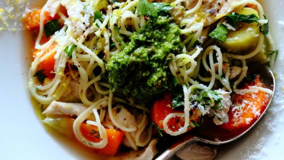 Serve with pesto: Italian chicken noodle soup.