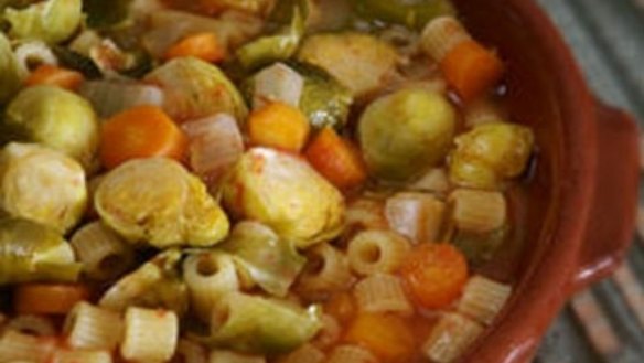 Brussels sprout, carrot and pasta soup
