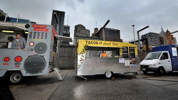 From left: Beatbox Kitchen, Cornutopia and Gumbo Kitchen food trucks. Selected food trucks will be able to trade at designated city sites during the trial.