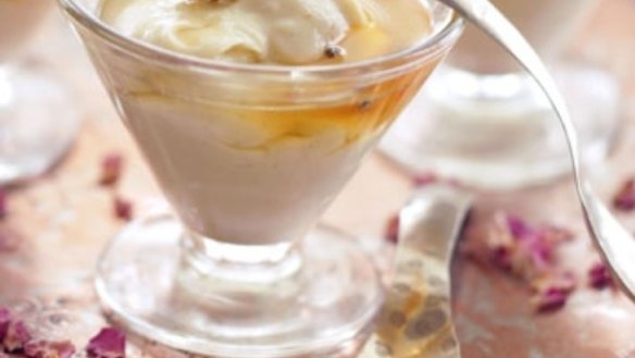 Chilled almond pudding with honey syrup