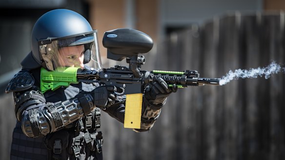 The new pepper ball semi-automatic rifle that will be used by Victoria Police.