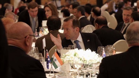 Prime Minister Tony Abbott at a business luncheon at the Taj Mahal Palace hotel in Mumbai. Photo: Andrew Meares