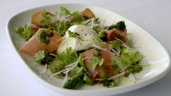 Velero's (Woolloomooloo)version of poached egg and jamon sits on a salad of baby cress.