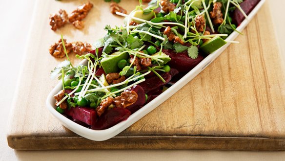 A mouthful: Beetroot and avocado salad with miso dressing and walnut brittle.