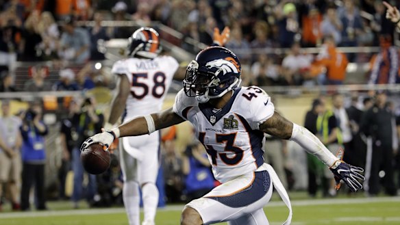 Denver Broncos? T.J. Ward (43) celebrates after recovering a fumble during the second half of the NFL Super Bowl 50 football game Sunday, Feb. 7, 2016, in Santa Clara, Calif. (AP Photo/Matt York)