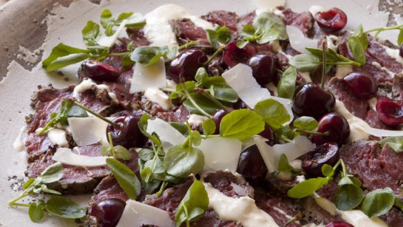 Caroline Velik's very cherry Christmas: Beef carpaccio with horseradish cream, remoulade and pickled cherries.