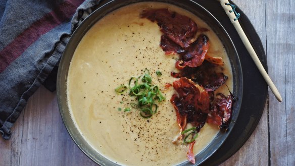 Leek, potato and bacon soup with crispy caramelised prosciutto.