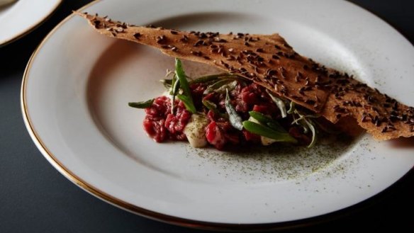 Raw beef, oyster, saltbush, linseed and nori.