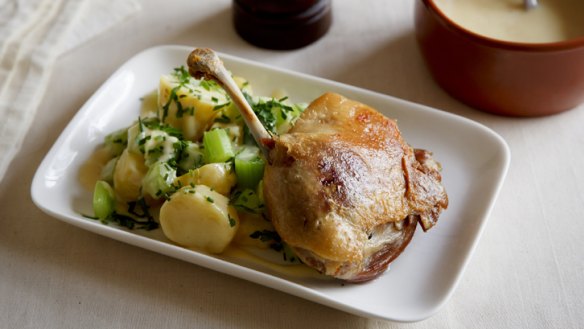 Mustard dressing works beautifully with potato salad, and with proteins such as confit duck (pictured).