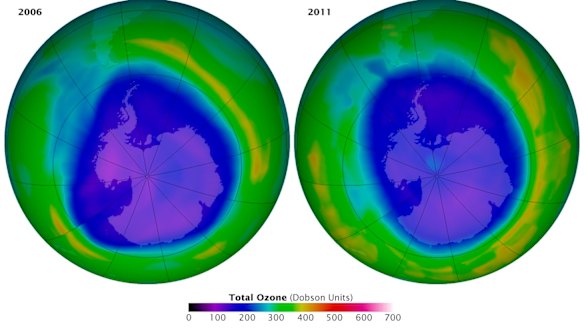 The ozone layer above Antarctica, with dark blue gradient indicating depleted ozone levels.